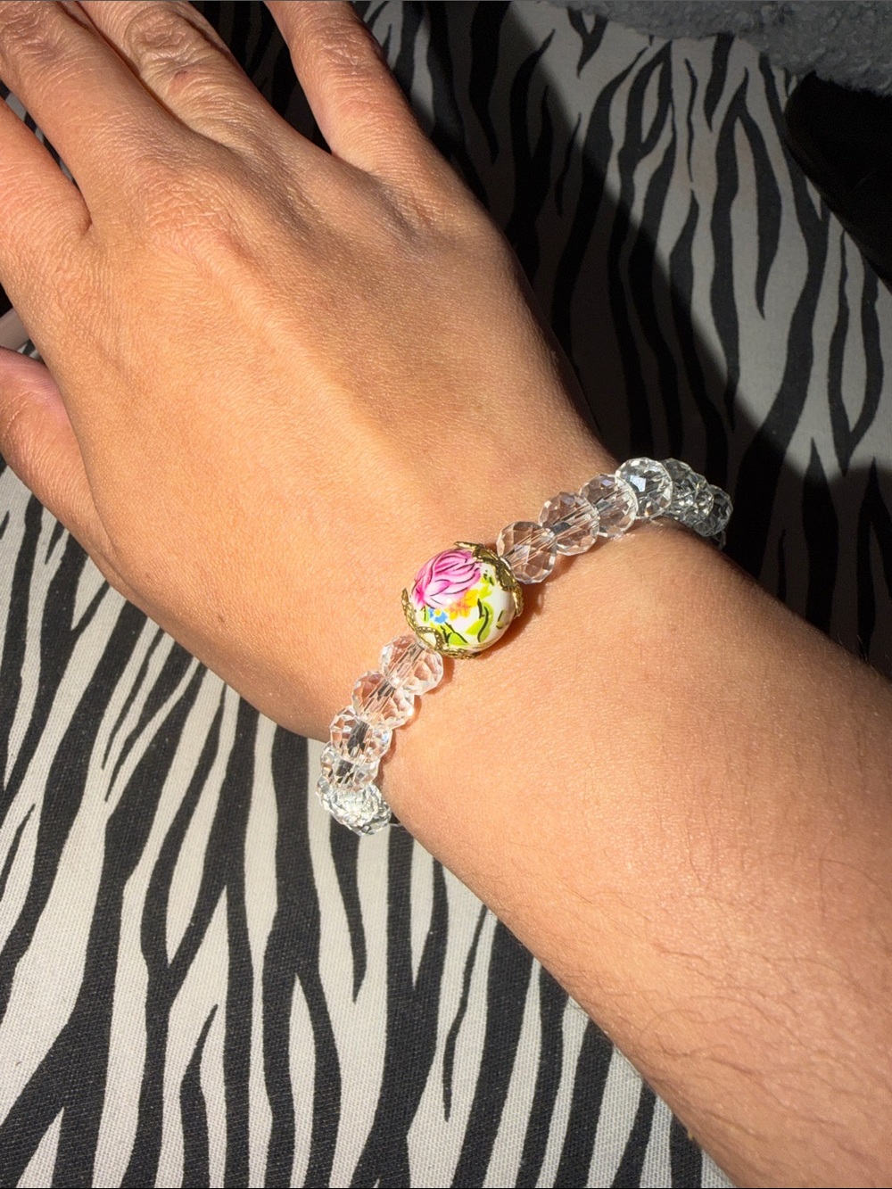 Clear Crystal Bead Bracelet with Floral Accent - Pink Rose Detail